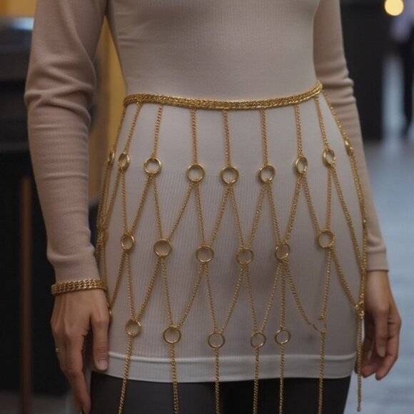 Women Gold Metal Chain Circle Rings Skirt Long Tassel Belt Cover Up Waist S M main image 8